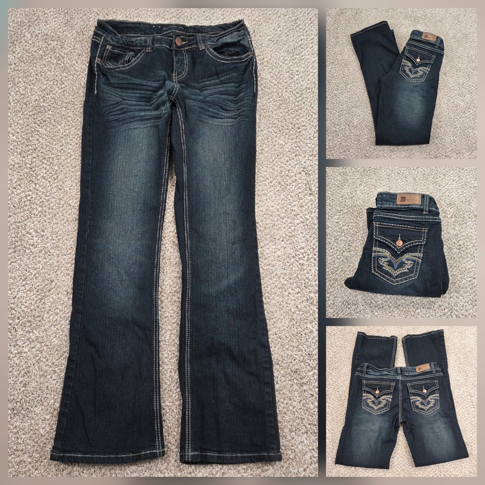 Vtg Royal Blue Y2K Low Rise Bootcut Jeans Dark Wash Thick Stitch Flap‎ Size 7x32